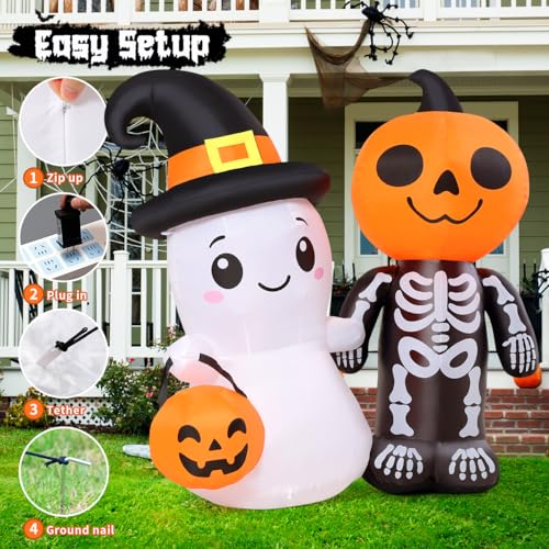 5.4Ft Halloween Inflatable Ghost and Pumpkin Yard Decor with LEDs, Outdoor Garden Decoration