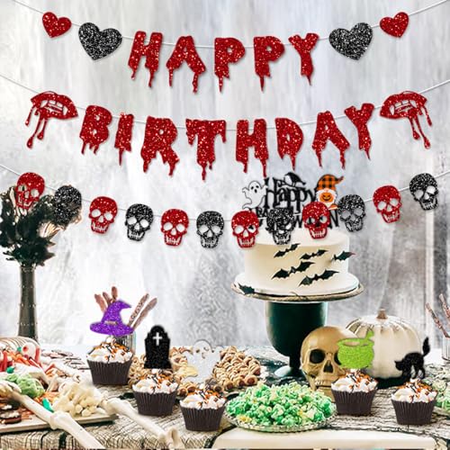 Halloween Birthday Banner Garland with Glitter Skull and Heart Decor