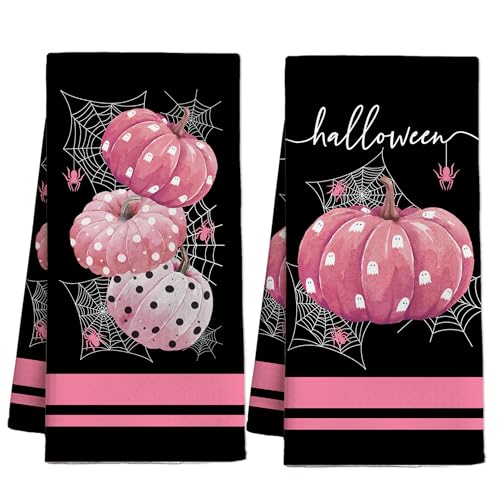 Halloween Kitchen Towels Set of 2 Pink Pumpkin and Spider Web Design - Creative Gift for Halloween