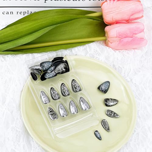 30pcs Gothic Press-On Nails Medium Almond Fake Nails with Silver Stripes & Pearl - Handmade-5
