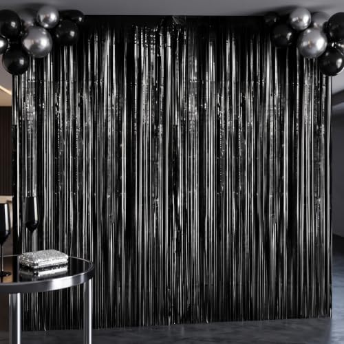 Black Tinsel Curtain Backdrop - 2 Pack PET Fringe Panels, 3.3 x 6.6 FT - Black Variation
