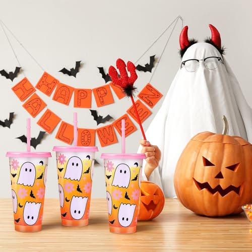 Pink Ghost Halloween Cups with Lids & Straws, 24 oz - 12 Pack - Variation of THIS listing