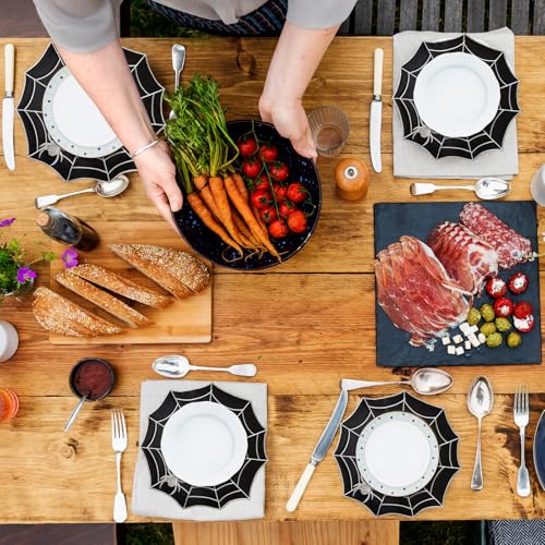 Spider Web Halloween Placemats Set of 6, Black Cotton Washable Table Mats