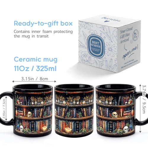 Gothic Skull Book Lover Mug - Halloween Coffee Cup for Men Women, Gift Idea