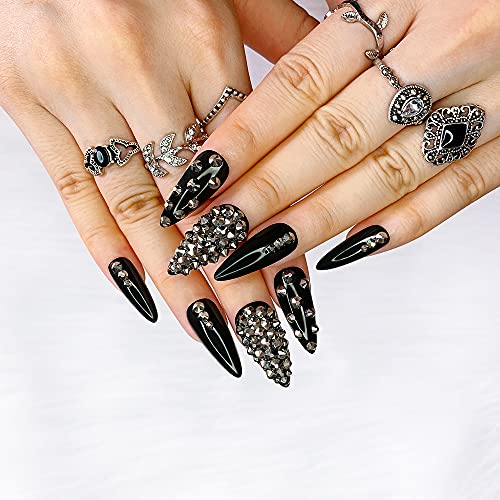 Morily 24pcs Fake Nails Black with Rhinestones - Glossy Crystal, Medium Long Stiletto Almond Press-On Tips for Women