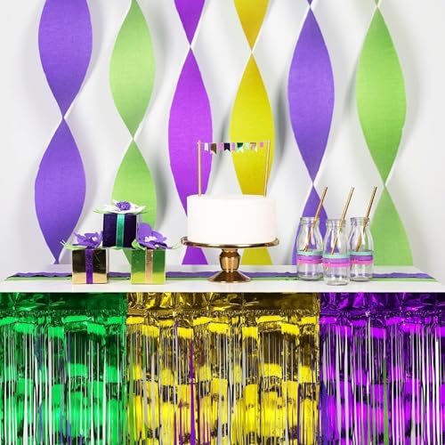 4 Pack Mardi Gras Metallic Foil Fringe Table Skirts - Gold, Green, Purple
