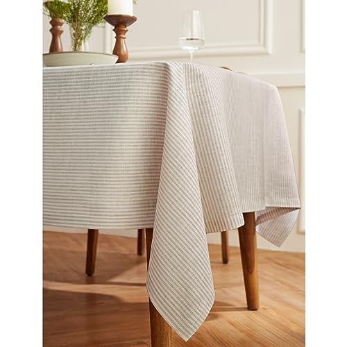 Pure Linen Tablecloth 60 x 90 Inches Natural & White Narrow Stripe - Handcrafted