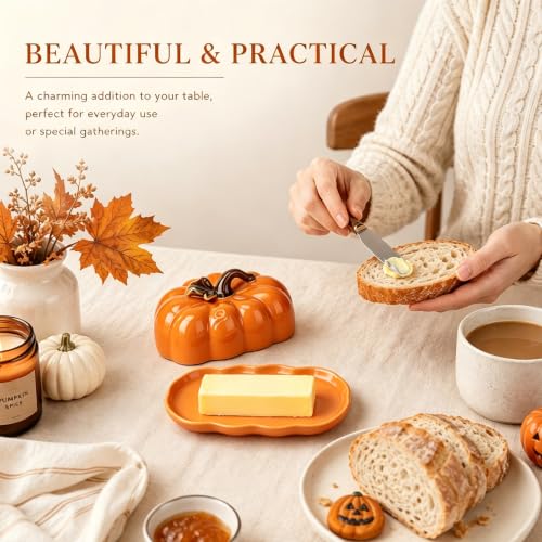 Orange Pumpkin-Shaped Ceramic Butter Dish with Lid - Fall Kitchen Decor