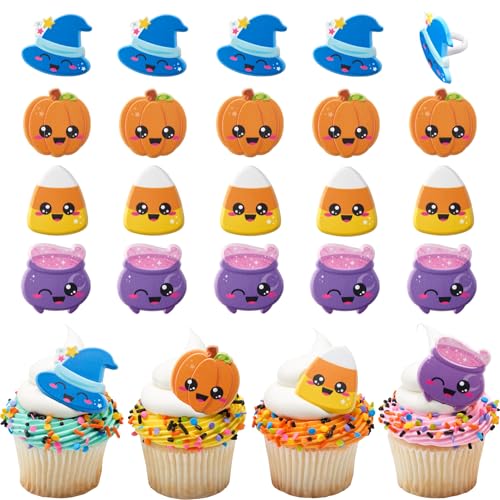 Halloween Cupcake Toppers 24 Pack - Witches Hat, Cauldrons, Pumpkins & More