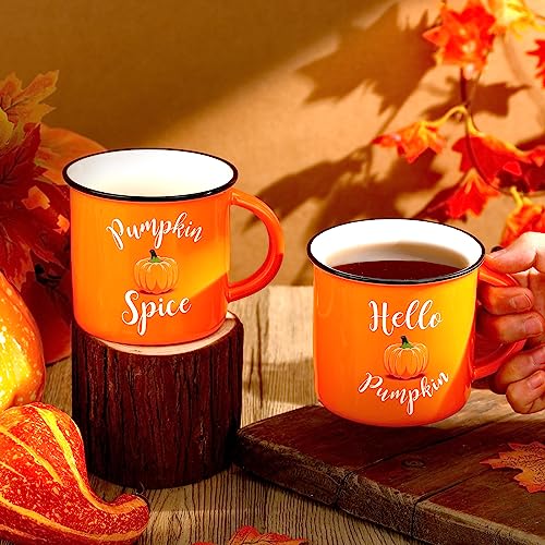 Pumpkin Mugs Set of 2 - 14 oz Ceramic Fall Coffee Cups for Halloween Thanksgiving