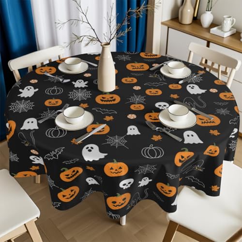 Halloween Round Tablecloth 60 Inch - Fall Pumpkin Ghost Spiderweb Design - Black & Orange