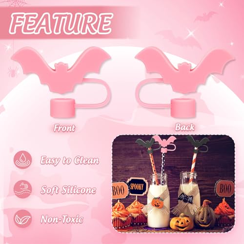Halloween Bat Silicone Straw Covers - Pink & Black Reusable Tips for 0.4in Straws - Bat Variation