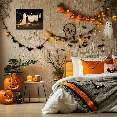 Halloween Ghost Wall Art Canvas - Framed Art for Haunted Decor - Variation of Ghost