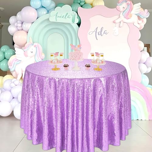 Light Purple Sequin Round Tablecloth 132 Inch - Glitter Party Decor Variation