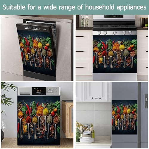 Dishwasher Cover with Spice Spoons Design - Reusable Magnetic Front Panel for Kitchen Decor 23x26 Inch