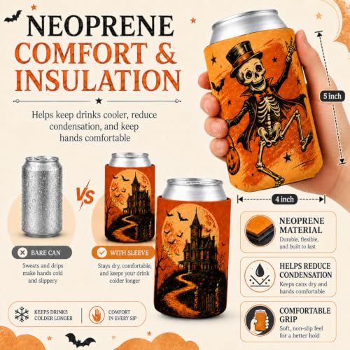 Halloween Can Cooler Sleeves Set - Vintage Skeleton, Ghost & Spooky Designs (DD)