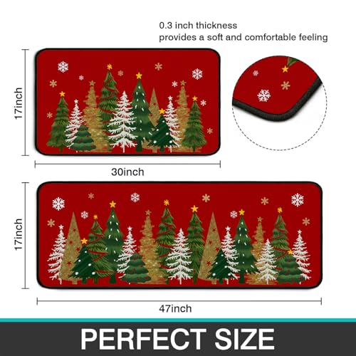 Christmas Tree Kitchen Rug Set - Red Non-Slip Xmas Floor Mats with Variation