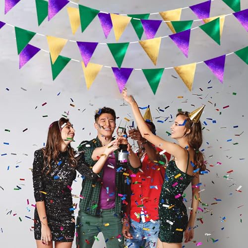 Green Purple Gold Glitter Fabric Bunting Banner - 39Ft Triangle Flags for Party Decorations