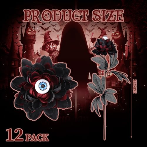 Halloween Black Artificial Flowers with Eyeball Decor - 16 Inch Set of 12