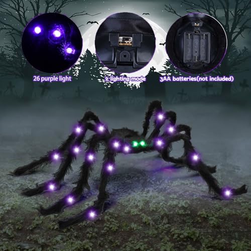 Halloween Spider Decorations Light Up Giant Spiders - 4ft, 2 Pack, Green Eyes - Variation of HalloweenC