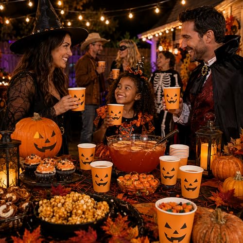 Halloween Pumpkin Cups 100Pcs - Jack O Lantern Disposable 9oz Party Drinkware