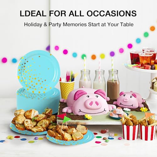 Blue Gold Paper Plates for Party 7-Inch Disposables with Gold Dot Design - 50pcs Blue Light Variation