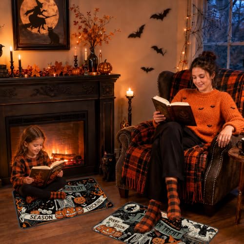 Halloween Skeleton Black Cat Floor Rugs Set of 2 - Vintage Spooky Entryway Mats with Silicone Backing