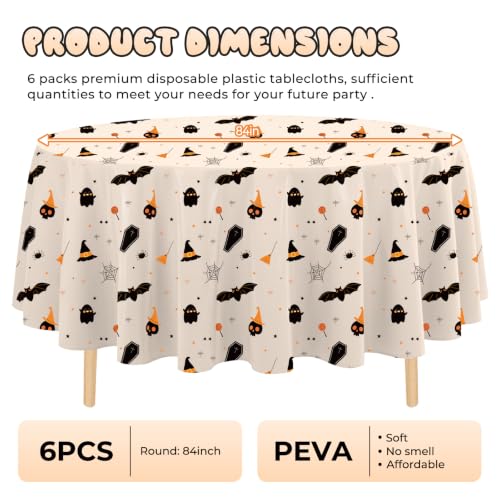 Halloween Tablecloth 6 Pack 84 Inch Round Plastic Bat Ghost Table Covers - Pumpkin Beige Variation