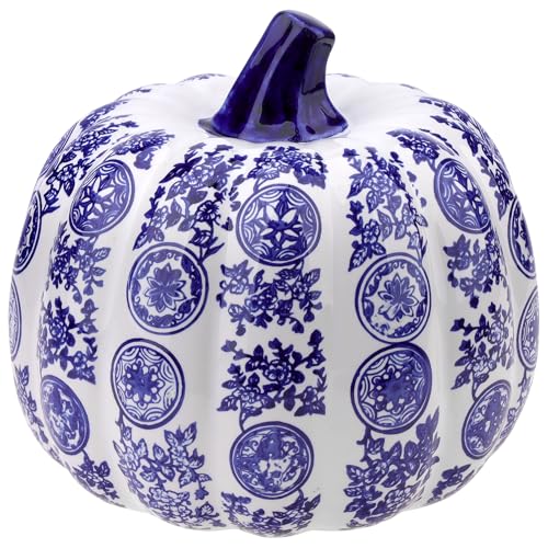 Blue and White Ceramic Pumpkin Decoration with Circular Pattern - 8 Inch