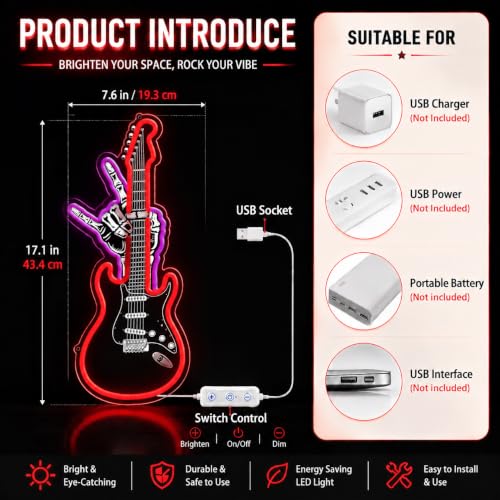 Red Guitar Neon Sign with Rock Hand - USB Powered LED Wall Decor for Music Rooms