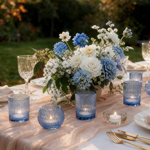 30 Pcs Blue Ribbed Glass Votive Candle Holders Set - Assorted Shapes for Home & Events