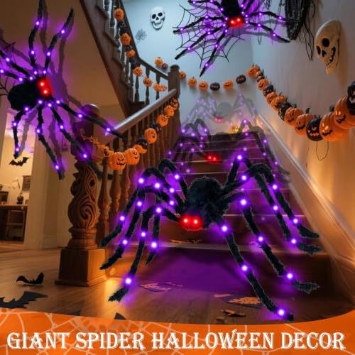 Outdoor Halloween Giant Spider Decorations 2 Pack - Orange and Black Light-Up Spiders with 8 Lighting Modes
