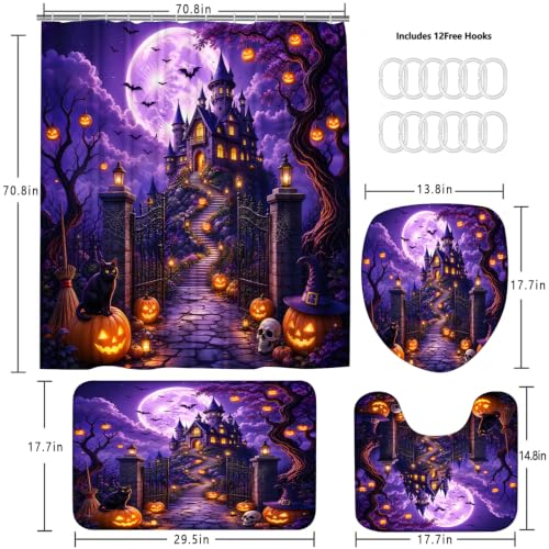 Purple Halloween Bathroom Set with Non-Slip Rug, Shower Curtain & Toilet Lid Cover