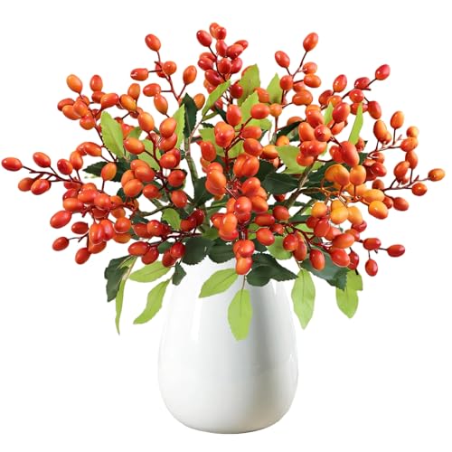 Artificial Orange Berry Stems Set of 4 - Realistic Faux Fruit for Home & Holiday Decor