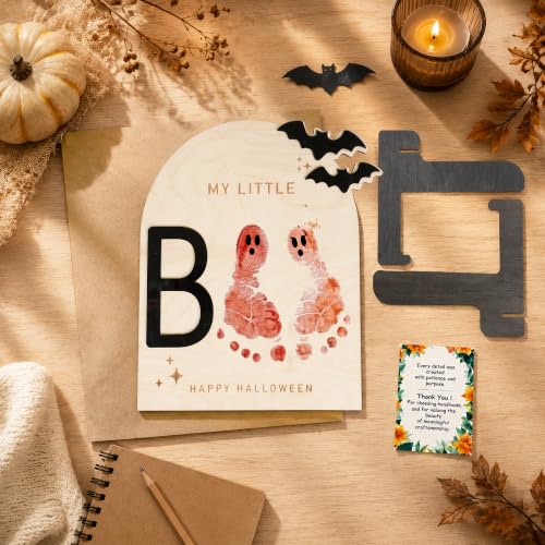 First Halloween Footprint Keepsake Sign - Baby Boo Wooden Decor - Wood Brown