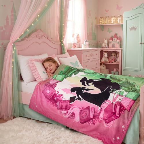Pink & Green Witch Book Throw Blanket for Girls - Cozy 50x60 Inch Flannel Design