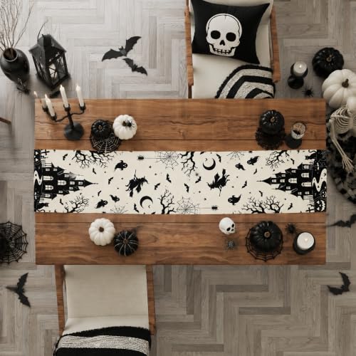 Halloween Haunted House Gothic Table Runner - Witch Ghost Bat Fall Decor - Variation of Halloween Haunted House