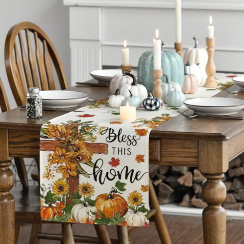 13x90 Inch Beige Fall Table Runner - Durable Polyester Home Decor