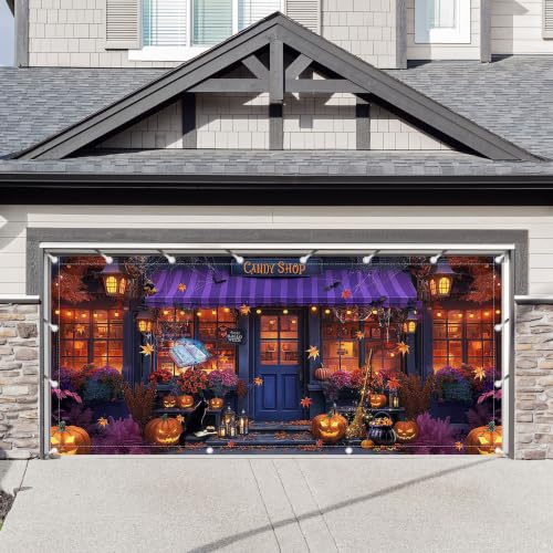 Halloween Candy Shop Garage Door Banner Decorations - 16x7ft, Festive Outdoor Holiday Decor