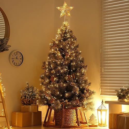 Christmas Star Tree Topper with Built-in 10 Bulb String Lights - 11” Gold Glittered Metal