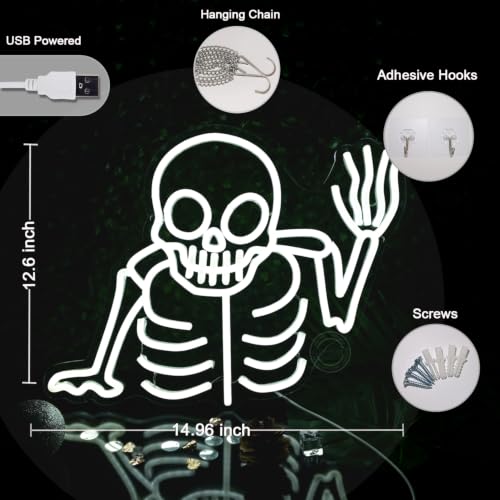 Skull Neon Sign Halloween Decoration LED Skeleton Wall Light - Cold White
