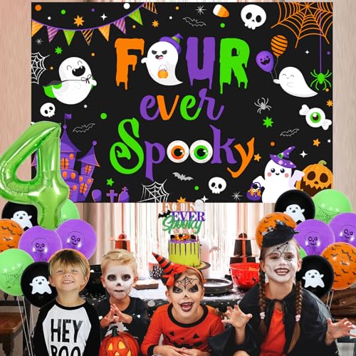 Halloween 4th Birthday Party Decoration Set - Purple Green Four Ever Spooky Backdrop Banner Cake Toppers