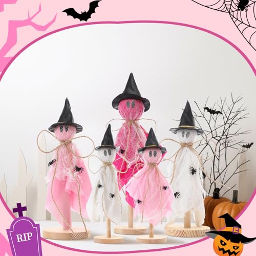 Halloween Ghost Decorations Set - Primitive Pink Wooden Centerpieces for Home & Party