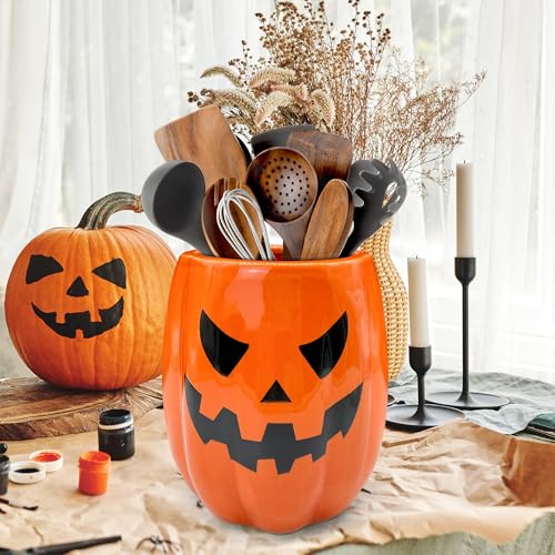 Halloween Ceramic Pumpkin Utensil Holder - Orange Halloween Kitchen Decor