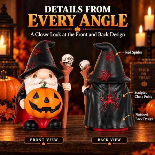 Halloween Gnome Figurine Resin Wizard with Skull Staff - Black Variation