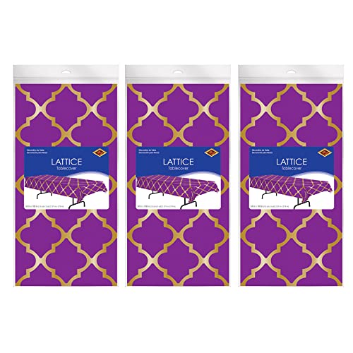 Moroccan Lattice Plastic Table Covers - 3 Pack, 54 x 108 Inches, Purple & Gold - Arabian Nights Theme Party Decor