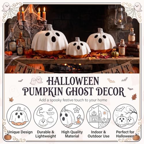 Halloween Ghost Pumpkin Decor Set - 3 Resin Figurines 7, 6 & 5 Inches - AceOrbit