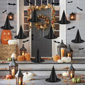Black Hanging Witch Hats Set - 12 Pieces & 16 3D Bat Stickers for Halloween Decorations