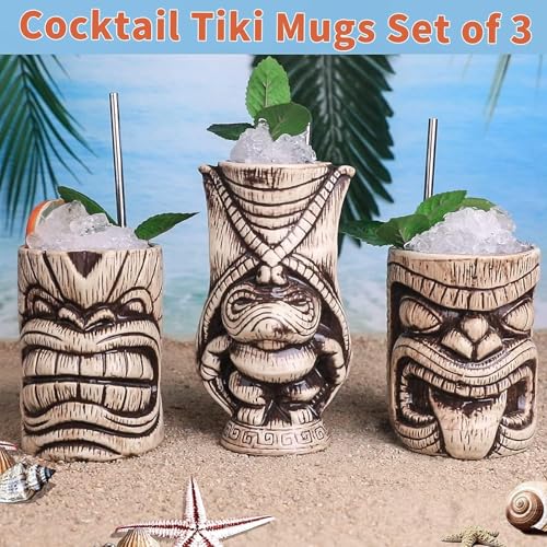 Large Ceramic Tiki Mug Set for Cocktails - Tropical Bar Drinkware