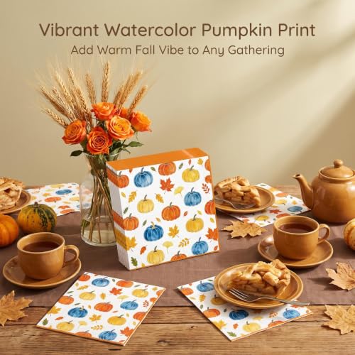 Fall Paper Napkins 13x13 Inches - Pumpkin Maple Leaf Party Set - 50 Pcs